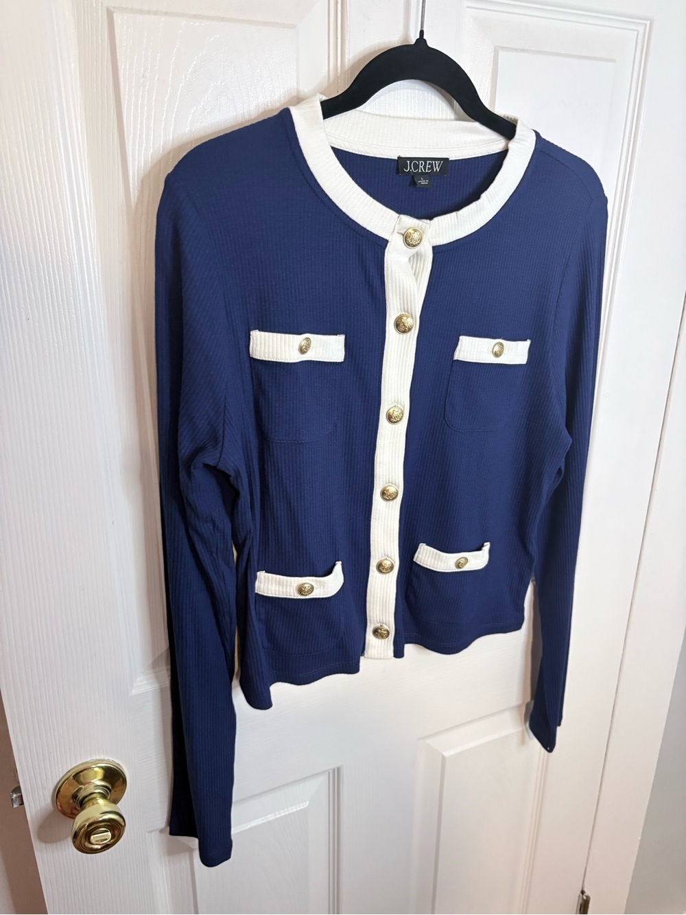 J.Crew Vintage Rib Lady Jacket Cardigan L Dark Evening Blue Gold Buttons - Picture 3 of 10